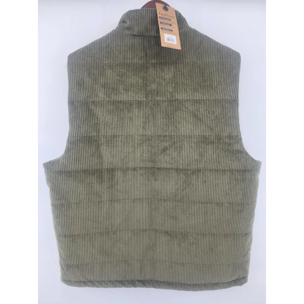 Tailor Vintage Mens L Corduroy Puffer Vest Army Green Full Zip Pockets Outerwear